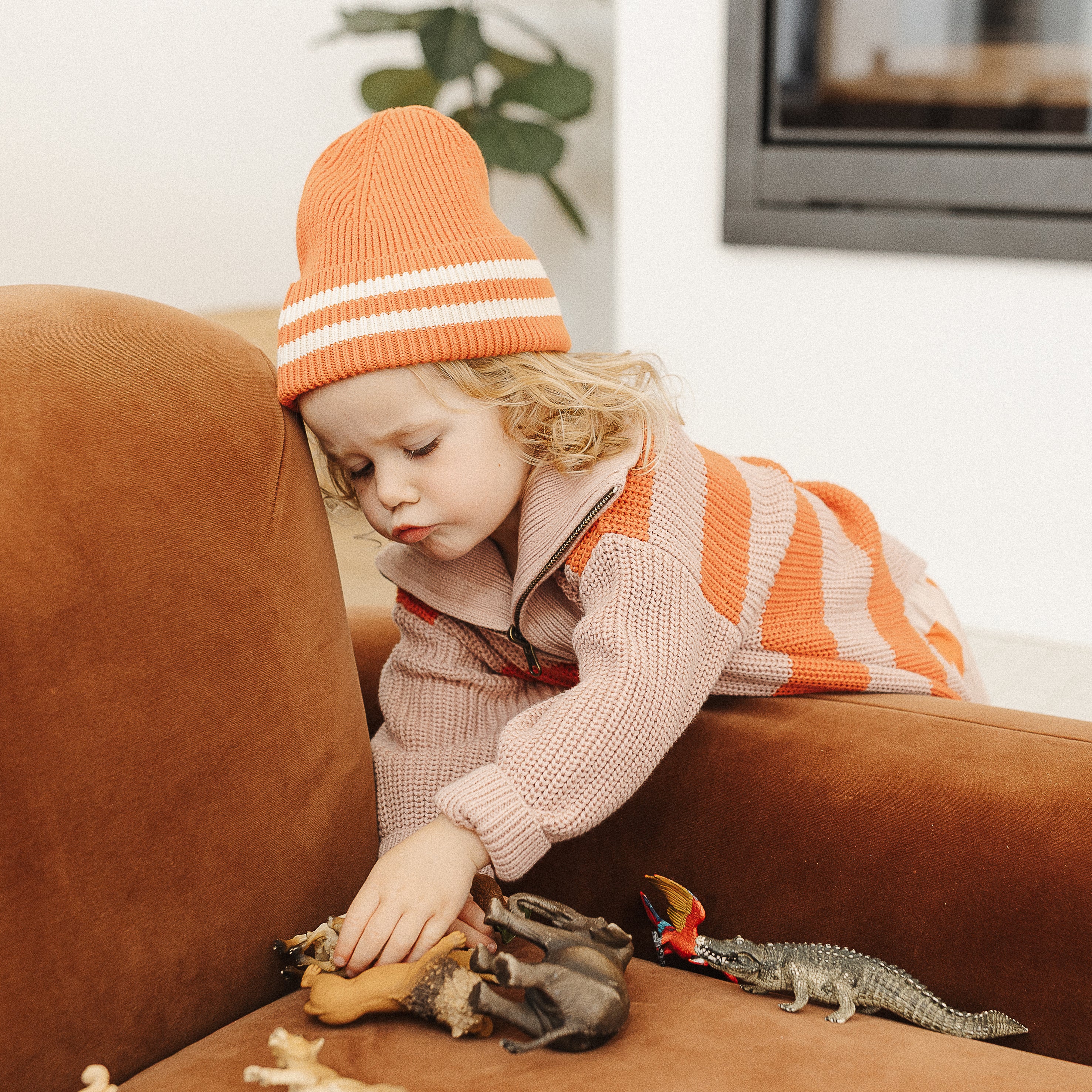 the rest organic cotton rib beanie - tomato stripe